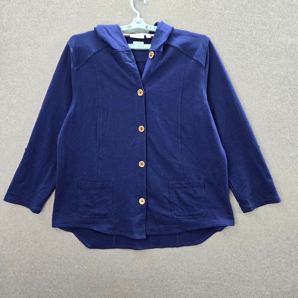 Susan Graver Women Jacket XL Blue Hooded Pockets Long Sleeve Button Up READDd